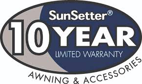 Logo showing SunSetter 10 Year Limited Warranty Awning & Accessories in bold text inside an oval shape, emphasizing the 10-year warranty offered for awning and accessories.