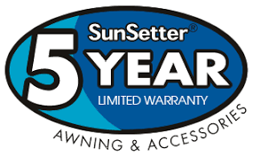 Oval logo showing SunSetter 5 Year Limited Warranty in bold text, with Awning & Accessories written along the bottom edge of the oval. The background is blue with a black outline.