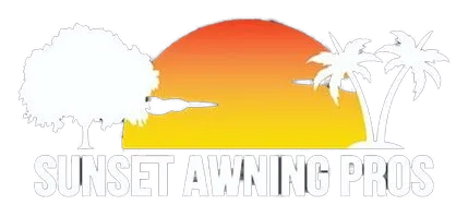 Logo with a yellow-to-orange sunset, a white tree on the left, two white palm trees on the right, and the text SUNSET AWNING PROS in bold white letters at the bottom.