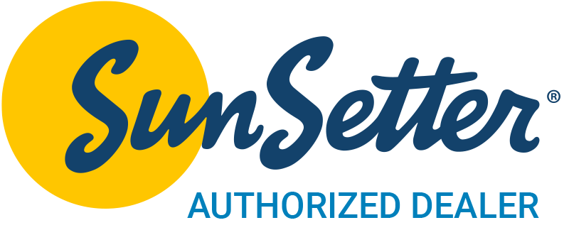 SunSetter logo with a large yellow sun graphic and blue script text reading SunSetter. Below, blue capital letters say AUTHORIZED DEALER.