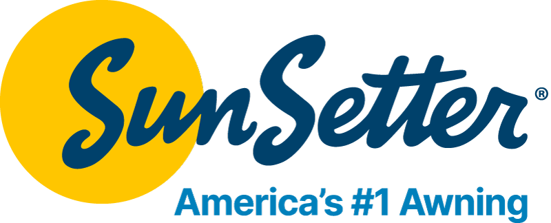 SunSetter logo with a large yellow sun shape behind the blue script text SunSetter. Below, blue text reads America’s #1 Awning on a light background.