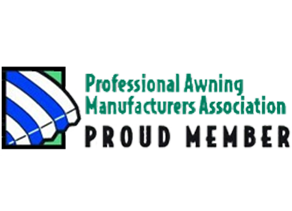 Logo featuring a blue-and-white striped awning graphic beside the text Professional Awning Manufacturers Association PROUD MEMBER in green and black.