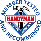 Logo with a hammer above the words Handyman Club of America inside a blue diamond. Around the edge, blue text reads Member Tested and Recommended.
