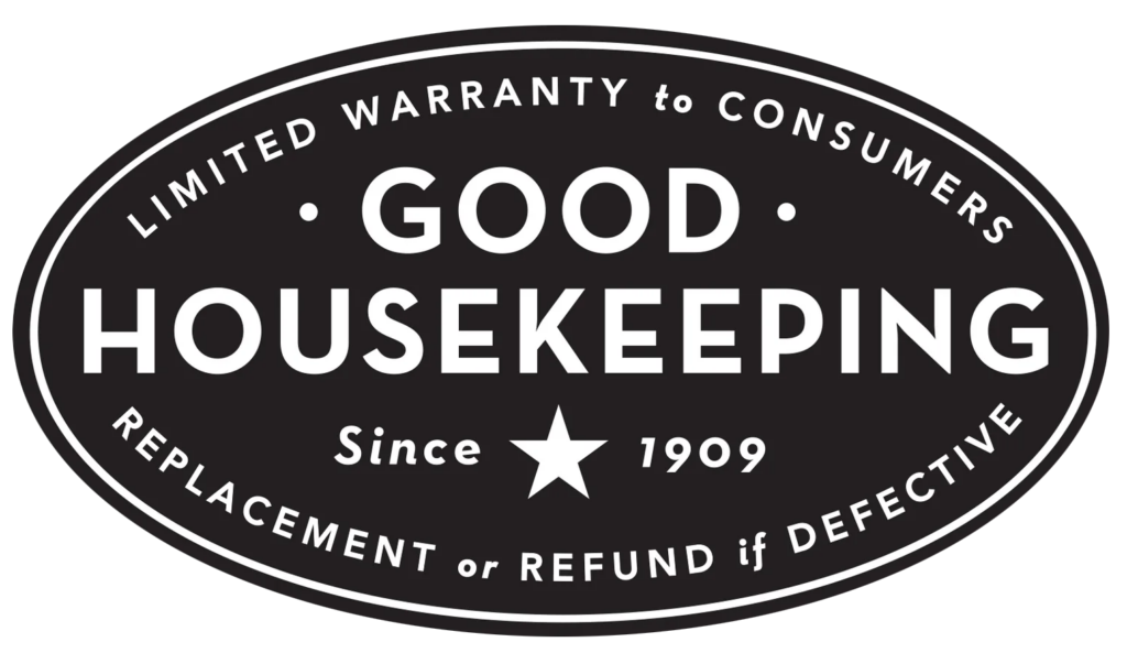 Black and white oval badge with the text: Good Housekeeping. Limited warranty to consumers. Since 1909. Replacement or refund if defective. A star appears between Since and 1909.