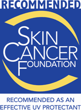 Skin Cancer Foundation logo with a blue background, yellow curved lines, and the text Recommended above and Recommended as an effective UV protectant below the logo.